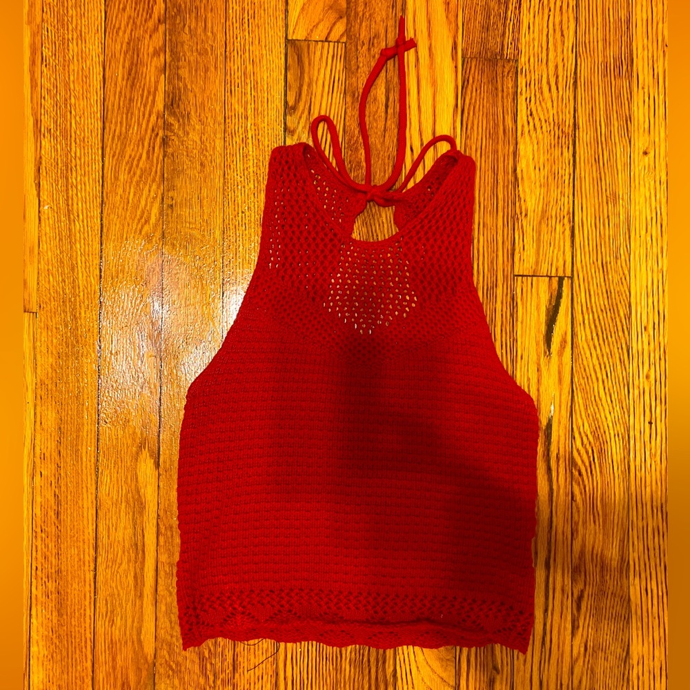 Knit tie-back halter top with peekaboo back